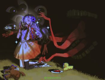 1girl 1other absurdres arms_up barefoot bird black_eyes blood blood_on_arm blood_on_hands blue_hair checkered_clothes covered_mouth daisy_(flower) dress duck flower gradient_clothes gradient_dress grass hair_over_one_eye hand_on_another&#039;s_foot hands_up highres isekaijoucho kamitsubaki_studio kneeling lily_(flower) long_hair looking_at_viewer open_mouth purple_flower reaching reaching_towards_another single_leg_pantyhose sleeveless sleeveless_dress stuffed_animal stuffed_toy surreal suzukasuraimu teddy_bear thighhighs too_many_eyes very_long_hair white_dress zettai_ryouiki zipper