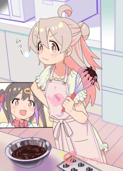Rule 34 | 2girls, :d, absurdres, ahoge, apron, artist name, bare shoulders, black hair, blush, bowl, brown eyes, chocolate making, chocolate mold, commentary, copyright name, earrings, frills, hair between eyes, hair bun, hair ornament, hairclip, half up bun, hand on own hip, highres, holding, holding whisk, indoors, jewelry, kitchen, long hair, male-female symbol, multicolored hair, multiple girls, onii-chan wa oshimai!, open mouth, oyama mahiro, oyama mihari, pink apron, pink hair, puff of air, purple hair, robomito, short sleeves, siblings, sisters, smile, smug, solo focus, stud earrings, sweatdrop, twintails, two-tone hair, v-shaped eyebrows, whisk
