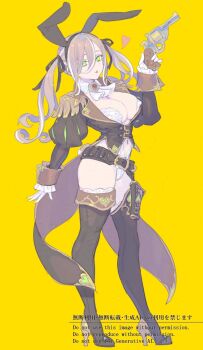 Rule 34 | 1girl, animal ears, arm up, asymmetrical footwear, belt, belt buckle, black belt, black boots, black hairband, black jacket, boots, brown hair, buckle, commentary request, enkyo yuuichirou, fake animal ears, full body, gloves, green eyes, gun, hair between eyes, hairband, handgun, holding, holding gun, holding weapon, jacket, juliet sleeves, leotard, long hair, long sleeves, looking at viewer, mismatched footwear, multicolored hair, navel, original, puffy sleeves, rabbit ears, revolver, simple background, sleeves past wrists, solo, standing, streaked hair, thigh boots, twintails, very long hair, watermark, weapon, white gloves, white hair, white leotard, yellow background