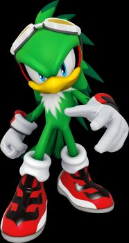 1boy 3d absurdres arm_at_side beak bird_boy bird_tail blue_eyes body_fur clenched_hand closed_mouth colored_tips eyewear_on_head full_body furry furry_male gloves goggles green_fur green_hair highres jet_the_hawk long_hair looking_at_viewer male_focus multicolored_hair neck_fur official_art pointing pointing_at_viewer red_shoes shoes simple_background socks solo sonic_(series) tail third-party_source tinted_eyewear transparent_background two-tone_fur two-tone_hair white-framed_eyewear white_fur white_gloves white_socks yellow-tinted_eyewear