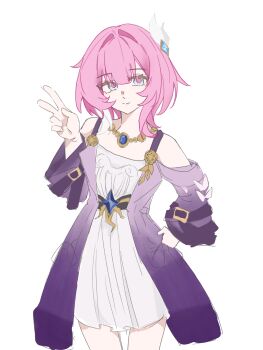 Rule 34 | 1girl, bare shoulders, blue eyes, breasts, chinese commentary, coat, commentary, commentary request, cyrene (aedes elysiae) (honkai: star rail), cyrene (honkai: star rail), dress, hair ornament, highres, honkai: star rail, honkai (series), jewelry, looking at viewer, necklace, pink hair, purple coat, qi82329454, short hair, simple background, small breasts, smile, solo, v, white background, white dress