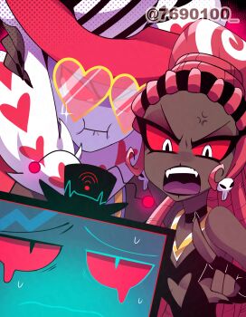 Rule 34 | 1girl, 2boys, :i, anger vein, angry, aqua eyes, bare shoulders, black choker, black eyes, black hair, black hat, black lips, black mouth, black nails, black shirt, breasts, choker, closed mouth, clothing cutout, coat, colored sclera, colored skin, commentary request, cutout above navel, dark-skinned female, dark skin, dreadlocks, earrings, eyeshadow, fangs, forehead, frown, fur-trimmed coat, fur trim, gold necklace, halftone, halftone background, hand on another's shoulder, hat, hazbin hotel, heart, heart cutout, heart print, hellaverse, heterochromia, high ponytail, highres, index finger raised, jewelry, long hair, looking at another, looking at viewer, makeup, menattou, multicolored hair, multiple boys, nail polish, necklace, object head, open clothes, open coat, open mouth, pointing, pointing at another, ponytail, purple skin, raised inner eyebrows, red background, red coat, red eyeshadow, red hair, red hat, red sclera, scar, scar on face, shirt, simple background, skull earrings, small breasts, strapless, strapless shirt, streaked hair, sweat, teeth, television, tongue, top hat, tsurime, twitter username, upper body, upper teeth only, v-shaped eyebrows, valentino (hazbin hotel), velvette (hazbin hotel), very dark skin, very long hair, vox (hazbin hotel), wavy mouth, white eyes, white hair, wi-fi symbol