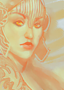 Rule 34 | 1girl, armor, colored pencil (medium), colored sclera, from side, gold armor, gold skin, golden saint (aureal), helmet, highres, looking at viewer, orange eyes, painterly, portrait, sabiartrin, shoulder armor, solo, solo focus, the elder scrolls, the elder scrolls iv: oblivion, traditional media, yellow background, yellow eyes, yellow sclera