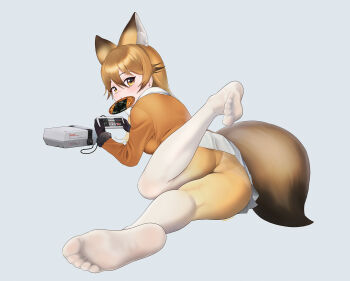 1girl animal_ears beleven blonde_hair controller ezo_red_fox_(kemono_friends) feet fox_ears fox_tail game_console game_controller highres kemono_friends long_hair looking_at_viewer looking_back lying nes on_stomach panties panties_under_pantyhose pantyhose pantyshot soles tail toes underwear yellow_eyes
