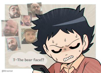 1boy bara bear_face beard clenched_teeth closed_eyes emphasis_lines english_text facial_hair full_beard glasses highres holding holding_phone male_focus medium_sideburns nervous_sweating nifast_(greentail) phone photo_inset real_life_insert scott_pilgrim_(series) scott_pilgrim_takes_off short_hair sideburns_stubble speech_bubble stubble sweat teeth u_u wallace_wells