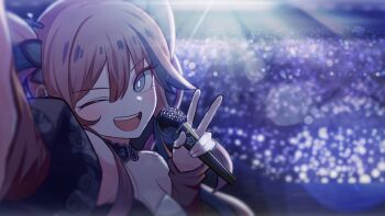 1girl airi_kanna antlers black_choker blurry blurry_background breasts bright_pupils brown_hair choker cleavage commentary_request crowd dragon_girl dragon_horns dragon_tail foreshortening grey_eyes holding holding_microphone horns idol korean_commentary lens_flare microphone multicolored_hair one_eye_closed open_mouth selfie seongda small_horns smile stage stage_lights stellive streaked_hair tail teeth upper_body upper_teeth_only v virtual_youtuber