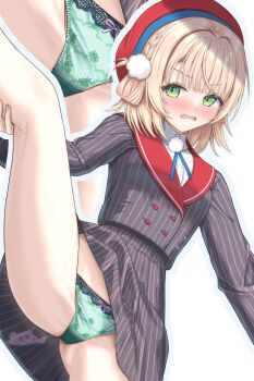 1girl ades_clus beret blonde_hair blunt_bangs blush commentary_request green_eyes green_panties hair_ornament hair_rings hat highres holding_own_leg indie_virtual_youtuber kneepits leg_lift long_sleeves looking_at_viewer multiple_views open_mouth panties pinstripe_jacket pinstripe_pattern pinstripe_skirt pom_pom_(clothes) pom_pom_hair_ornament red_hat red_sailor_collar sailor_collar shigure_ui_(1st_costume)_(vtuber) shigure_ui_(vtuber) shirt short_hair side_up_ring signature solo split standing standing_on_one_leg standing_split underwear virtual_youtuber white_shirt