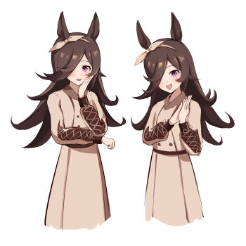 1girl :d absurdres animal_ears bow_hairband brown_dress brown_hair brown_hairband brown_ribbon casual commentary_request dress feizao hair_over_one_eye hairband highres horse_ears horse_girl long_hair long_sleeves looking_at_viewer multiple_views official_alternate_costume open_mouth purple_eyes ribbon rice_shower_(casual)_(umamusume) rice_shower_(umamusume) simple_background smile umamusume white_background