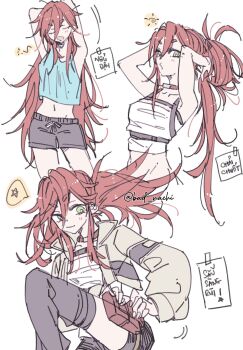 Rule 34 | 1girl, arms up, bad nachi, black shorts, black thighhighs, gachiakuta, green eyes, hairdressing, multiple views, navel, pouch, red hair, riyo reaper, shorts, sketch, tank top, thighhighs, yawning