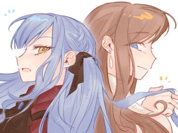 2girls artist_request ascot back-to-back bang_dream! bang_dream!_it's_mygo!!!!! black_ascot black_ribbon blue_eyes blue_hair brown_hair chinese_commentary closed_mouth commentary_request commission earrings from_side hair_ribbon holding_another's_hair jewelry long_hair looking_at_viewer multiple_girls nagasaki_soyo oblivionis_(bang_dream!) open_mouth profile red_shirt ribbon second-party_source shirt sidelocks simple_background smile togawa_sakiko two_side_up upper_body white_background yellow_eyes