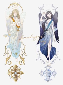 2girls ancient_greek_clothes angel angel_wings arm_at_side bare_shoulders barefoot black_choker black_hair black_wings blonde_hair blue_dress blue_eyes blue_sash blunt_bangs border breasts chinese_commentary choker cleavage closed_mouth clothing_cutout collarbone color_contrast colored_eyelashes crescent_halo crescent_print cross cross_patty diamond_(gemstone) dress english_text facing_viewer feathered_wings full_body gem gradient_clothes gradient_dress greco-roman_clothes hair_behind_ear hair_between_eyes halo hand_up highres lace lace_choker long_dress long_hair looking_down looking_up medium_hair multiple_girls off-shoulder_dress off_shoulder orange_sash original ornate_border outside_border own_hands_clasped own_hands_together parted_lips pearl_(gemstone) peplos purple_eyes sanmen sash shoulder_cutout shoulder_sash side-by-side side_slit simple_background smile star_(symbol) star_halo star_print swept_bangs three-quarter_sleeves wavy_hair white_background white_choker white_dress white_gemstone white_halo white_wings wings yellow_halo