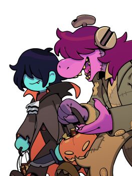 1girl 1other blue_skin colored_skin colored_teeth deltarune discount-supervillain fang furry furry_female halloween halloween_costume highres holding kris_(dark_world)_(deltarune) kris_(deltarune) open_mouth shirt smile susie_(dark_world)_(deltarune) susie_(deltarune) teeth utdr_(toby_fox) walking yellow_teeth