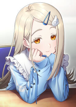 Rule 34 | 1girl, bib collar, blonde hair, blue jacket, closed mouth, colored eyelashes, commentary, earrings, elbows on table, flipped hair, frilled shirt collar, frills, gakuen idolmaster, hair ornament, hairclip, hands on own cheeks, hands on own face, highres, idolmaster, jacket, jewelry, long hair, long sleeves, looking at viewer, orange eyes, parted bangs, shinosawa hiro, sitting, smile, solo, striped clothes, striped jacket, stud earrings, swept bangs, taba neruko, tenshi kaiwai, track jacket, upper body, vertical-striped clothes, vertical-striped jacket, wing hair ornament