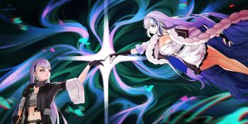 Rule 34 | 2girls, :o, absurdres, ak-alfa (girls' frontline), bare arms, black gloves, blue eyes, blue hair, breasts, cleavage, coat, crop top, dress, expressionless, fingerless gloves, floating, from side, girls' frontline, girls' frontline 2: exilium, girls' frontline neural cloud, gloves, gradient hair, hand up, highres, hubble (neural cloud), large breasts, long hair, looking at another, midair, midriff, mk xlviii, multicolored hair, multiple girls, navel, open clothes, open coat, reaching, reaching towards another, short dress, small breasts, smile, streaked hair, tololo (girls' frontline 2), very long hair, white dress, white hair, yellow eyes