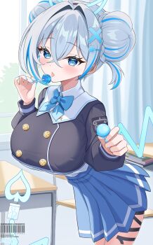 1girl absurdres blue_eyes blue_hair blue_nails blue_skirt blush breasts candy classroom demon_horns demon_tail double_bun electric_plug electric_plug_tail elegant_(sumisumi4268) food grey_hair hair_bun hair_ornament hairclip highres horns large_breasts leaning_forward lollipop looking_at_viewer medium_hair multicolored_hair original pleated_skirt power_symbol-shaped_pupils skirt solo standing streaked_hair symbol-shaped_pupils tail tongue tongue_out