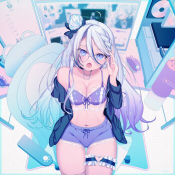 1girl :o absurdres ahoge black_cardigan black_scrunchie blue_eyes bow bow_bra bra braid breasts cardigan chair cleavage commentary_request commission computer computer_mouse computer_tower cowboy_shot desk double-parted_bangs fangs frilled_thigh_strap from_above gaming_chair glasses gradient_hair grey_hair hair_between_eyes hair_bun hair_ornament hair_scrunchie hand_up heart heart_bra heart_o-ring heart_print highres large_breasts long_bangs looking_at_viewer looking_up micro_shorts monitor multicolored_hair navel navel_piercing no_shirt o-ring o-ring_thigh_strap off_shoulder on_chair open_cardigan open_clothes open_mouth original piercing print_bra purple_bra purple_shorts round_eyewear sakakidani scrunchie shorts sitting skeb_commission solo streaked_hair swivel_chair thigh_strap underwear white-framed_eyewear white_background