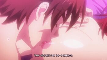 1boy 1girl animated animated_gif bouncing_breasts boy_on_top breast_sucking breasts brown_hair earrings huge_breasts jewelry long_hair looking_at_another naruse_mio nipples nude red_hair screencap shinmai_maou_no_testament short_hair subtitled toujou_basara