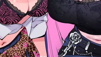 2girls black_bra black_shirt blue_hair blue_shorts blue_skirt bra breasts cleavage cropped_shirt large_breasts long_hair multicolored_hair multiple_girls navel open_clothes open_shirt panty_&amp;_stocking_with_garterbelt panty_(psg) purple_bra purple_hair qiandaiyiyu shirt shorts skirt stocking_(psg) thumbnail_collage two-tone_bra two-tone_hair underwear white_shirt