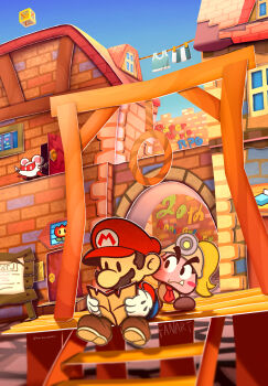 1boy 2girls anniversary blonde_hair blue_overalls blush_stickers boots brown_boots brown_hair clothesline copyright_name day door facial_hair fang fang_out fire_flower gloves goombella hat helmet highres holding long_hair long_sleeves maribou_(supermaribou) mario mario_(series) mask ms._mowz multiple_girls mustache necktie nintendo noose outdoors overalls paper_mario paper_mario:_the_thousand-year_door paper_mario_(character) ponytail reading red_hat red_necktie red_shirt shine_sprite shirt shoes short_hair short_necktie sitting twitter_username white_gloves window