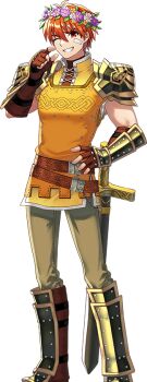 Rule 34 | 1boy, arm guards, armor, artist request, bandaid, bandaid on cheek, bandaid on face, belt, black armor, boots, brown belt, brown boots, brown gloves, brown pants, cross-laced clothes, cross-laced top, fingerless gloves, flower, flower wreath, gloves, grin, hair between eyes, hand on own hip, head tilt, high collar, japanese armor, knee boots, mabinogi, nexon, official art, one eye closed, pants, pauldrons, purple flower, red eyes, red hair, second-party source, sheath, sheathed, shin guards, shoulder armor, silver chain, smile, sode, sword, tarlach, tunic, weapon, white flower, yellow tunic