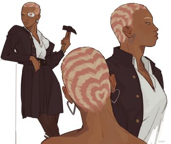 1girl aged_up alternate_design arm_support blonde_hair breasts buzz_cut commentary dark-skinned_female dark_skin earrings english_commentary from_behind hammer heart heart_earrings heart_print highres holding holding_hammer jewelry jujutsu_kaisen kugisaki_nobara lych333s monolids multiple_views pink_hair pleated_skirt short_hair skirt small_breasts very_short_hair white_background