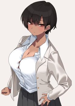 1girl black_hair black_skirt blazer breasts cleavage closed_mouth collarbone collared_shirt commentary_request dark-skinned_female dark_skin gomashi_(goma) grey_jacket highres jacket large_breasts mole mole_under_eye open_clothes open_jacket original pleated_skirt red_eyes shadow shirt short_hair skirt solo white_background white_shirt
