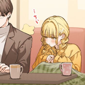 1boy 1girl blonde_hair blush braid brown_hair commentary_request cup fujita_kotone gakuen_idolmaster glasses highres idolmaster kotatsu long_hair looking_at_another mogami_rin producer_(idolmaster) sweater table twin_braids yellow_eyes