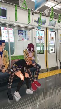 1girl 2boys absurdres arai_motoha bag black_socks black_sweater blonde_hair blue_hair blue_shirt brown_bag closed_eyes closed_mouth collared_shirt commentary grey_pants grey_skirt highres hood hood_down hoodie jacket kamishiro_nagisa kanou_shun lap_pillow looking_at_another multiple_boys open_clothes open_jacket open_mouth pants persona persona_5 persona_5:_the_phantom_x plaid_clothes plaid_pants plaid_skirt profile red_hair red_shoes school_bag school_uniform shirt shoes sitting skirt sleeping socks subway sweatdrop sweater train_interior tsumitobat79121 white_hoodie white_shirt white_shoes wonder_(p5x) yellow_jacket