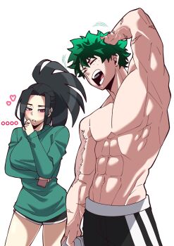1boy 1girl abs black_hair blush boku_no_hero_academia commentary english_commentary green_bean_1498 green_hair heart highres long_hair midoriya_izuku muscular muscular_male pectorals ponytail scar shorts spiked_hair sweater yaoyorozu_momo