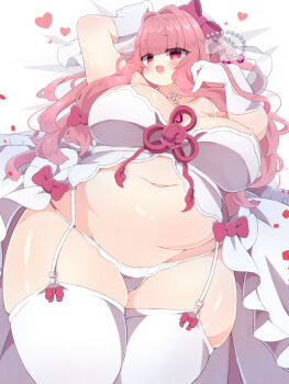 1girl arm_up belly blush bow breasts bridal_lingerie camisole cleavage fang fat fat_woman from_above garter_belt garter_straps gloves hair_bow hair_intakes heart heart-shaped_pupils jewelry konbu_latte konbulatte kotonoha_akane large_breasts lingerie long_hair lying navel necklace on_back open_mouth panties pearl_necklace pink_bow pink_hair plump red_eyes ring skin_fang skindentation solo symbol-shaped_pupils thick_thighs thigh_bow thighhighs thighs underwear veil voiceroid wedding_band wedding_ring white_camisole white_gloves white_panties white_thighhighs wide_hips