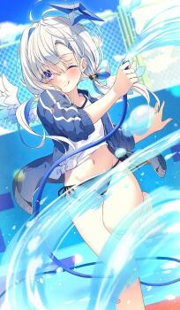 1girl amane_kanata angel_wings bandaid bikini bikini_bottom bikini_bottom_only blue_hair empty_pool gym_uniform halo highres hololive hose multicolored_hair pool side-tie_bikini_bottom star_halo swimsuit tagme twintails two-tone_hair virtual_youtuber white_hair wings