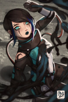 1girl animification apex_legends artist_name black_bodysuit black_gloves black_hair black_lips blue_eyes blue_hair bodysuit breasts cable catalyst_(apex_legends) clothing_cutout commentary english_commentary frown gloves hair_behind_ear highres leaning_back liquid looking_at_viewer multicolored_hair nica_(robbeary) shadow short_hair shoulder_cutout small_breasts solo streaked_hair