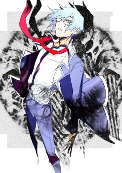 1boy blue_eyes blue_hair chaos;child closed_mouth floating_neckwear glasses hekiho_academy_school_uniform highres long_sleeves looking_at_viewer male_focus miyashiro_takuru necktie non-web_source open_clothes rotte_(1109) school_uniform science_adventure serious short_hair solo standing