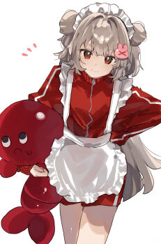 1girl absurdres apron brown_hair closed_mouth commentary_request cowboy_shot double_bun fang frilled_apron frills hair_between_eyes hair_bun hair_ornament higa_(gominami) highres jacket jersey_maid long_hair looking_at_viewer maid maid_apron maid_headdress natori_sana natori_sana_(jersey) rabbit_hair_ornament red_eyes red_jacket sana_channel shorts simple_background sleeves_past_fingers sleeves_past_wrists smile solo standing stuffed_animal stuffed_toy track_jacket two_side_up unconventional_maid virtual_youtuber white_background