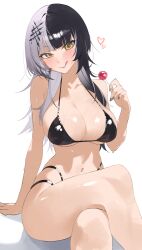 Rule 34 | 1girl, :q, absurdres, arm support, bare arms, bare legs, bare shoulders, bikini, black bikini, black hair, black nails, blush, breasts, byeon dha, candy, commentary, crossed legs, fingernails, food, hair ornament, heart, highres, holding, holding candy, holding food, holding lollipop, hololive, hololive english, large breasts, lollipop, long hair, looking at viewer, multicolored hair, nail polish, navel, shiny skin, shiori novella, simple background, solo, split-color hair, stomach, sweat, swimsuit, thighs, tongue, tongue out, virtual youtuber, white background, white hair, yellow eyes
