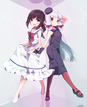 2girls alternate_costume arm_behind_head arm_up black_dress black_gloves black_hair black_hat black_shoes blush bow dress fubuki_(kancolle) gloves grey_hair hair_ribbon hat kantai_collection long_hair looking_at_viewer low_ponytail multiple_girls murakumo_(kancolle) natsumi_(natumi06) open_mouth orange_eyes pantyhose ponytail red_bow red_pantyhose ribbon sailor_dress shoes short_ponytail simple_background skirt_hold sleeveless sleeveless_dress smile tress_ribbon white_dress white_shoes