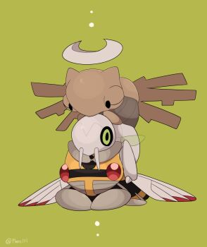 a-nya animal_focus bug commentary_request crescent_halo evolutionary_line gen_3_pokemon green_background green_eyes halo highres insect_wings nincada ninjask nintendo no_humans pokemon pokemon_(creature) pokemon_focus red_eyes shedinja simple_background stacking twitter_username wings