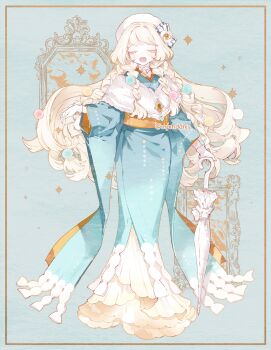 Rule 34 | 1girl, blonde hair, blue background, blue kimono, blunt bangs, blush, braid, choker, closed eyes, commentary request, full body, fur scarf, gloves, hat, highres, japanese clothes, kimono, kimono dress, long hair, mp0612, obi, open mouth, orange sash, original, pale skin, planted, planted umbrella, sash, sidelocks, solo, twitter username, umbrella