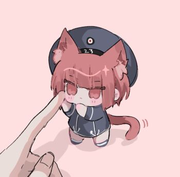1girl 1other animal_ear_fluff animal_ears aogisa blue_dress blue_hat brown_eyes brown_hair cat_ears cat_tail chibi commentary dress hat highres kantai_collection mini_person minigirl pink_background sailor_dress sailor_hat short_hair simple_background standing symbol-only_commentary tail z3_max_schultz_(kancolle)