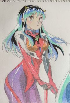 1girl bodysuit breasts colored_pencil_(medium) cone_horns crossover green_hair highres horns long_hair looking_at_viewer lum mecha_pilot_suit neon_genesis_evangelion plugsuit_(evangelion) pointy_ears red_bodysuit skin_tight solo tomo_okame0106 traditional_media urusei_yatsura