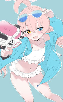 1girl :d absurdres adjusting_eyewear ahoge bikini blue-tinted_eyewear blue_archive blue_background blue_eyes blue_jacket breasts collarbone commentary_request eyewear_on_head fang frilled_bikini frills hair_between_eyes halo heterochromia highres holding holding_water_gun hoshino_(blue_archive) hoshino_(swimsuit)_(blue_archive) jacket long_hair long_sleeves looking_at_viewer low_twintails mistel_(sukebemistel) navel official_alternate_costume open_clothes open_jacket open_mouth outline pink_hair pink_halo puffy_long_sleeves puffy_sleeves simple_background skin_fang small_breasts smile solo sunglasses swimsuit tinted_eyewear twintails water_gun white-framed_eyewear white_bikini white_outline yellow_eyes