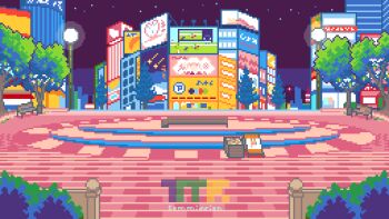 bench billboard building city cityscape highres night no_humans original park pixel_art scenery tomoruka_mr tree