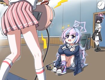 3girls ahoge animal_ears ankle_socks bag beads black_hair black_jacket black_shoes black_socks blonde_hair blue_archive blue_coat blue_hair bullpup cat_ears cat_girl chair clock clothes_around_waist coat colored_inner_hair crossed_ankles double-barreled_shotgun electric_guitar folding_chair food grey_skirt guitar gun hair_beads hair_ornament halo hihachi holding holding_bag indoors instrument jacket jacket_around_waist kazusa_(band)_(blue_archive) kazusa_(blue_archive) kneehighs knees_up loafers long_hair looking_at_another low_twintails motion_lines mouth_hold multicolored_hair multiple-barrel_gun multiple_girls open_mouth pink_hair pink_halo pink_skirt pink_socks pleated_skirt pump-action_shotgun purple_eyes purple_hair red_eyes reisa_(blue_archive) sailor_collar shirt shoes short_sleeves shotgun side-by-side-barreled_shotgun sitting skirt smile sneakers socks sparkle standard_manufacturing_dp-12 star_(symbol) star_hair_ornament star_halo striped_clothes striped_socks sweatdrop twintails two-tone_hair v-shaped_eyebrows weapon white_sailor_collar white_shirt white_socks wristband yoshimi_(band)_(blue_archive) yoshimi_(blue_archive)