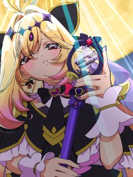 Rule 34 | 1girl, antenna hair, black capelet, black thighhighs, blonde hair, blush, brooch, capelet, commentary request, cure arcana shadow, diamond hairband, earrings, frilled capelet, frilled cuffs, frills, full moon, hair intakes, heart, heart brooch, highres, holding, holding rod, jewelry, long hair, looking at viewer, magical girl, meitantei precure!, moon, moria luluka, night, parted lips, pink eyes, popura bijutu33, precure, purple nails, purple veil, purple wrist cuffs, rod, tear arcana rod, thighhighs, veil, very long hair, wrist cuffs