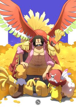 abs artist_logo bird coat coat_on_shoulders coin commentary creature english_commentary epaulettes facial_hair full_body gen_1_pokemon gen_2_pokemon gholdengo gol_d._roger gold gold_coin gold_necklace grin hat hat_feather highres ho-oh jewelry legendary_pokemon logo mustache necklace nintendo one_piece pikachu pirate_hat plume pokemon pokemon_(creature) pokemon_gsc sergiromero short_hair sitting smile thick_mustache treasure
