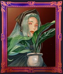 Rule 34 | 1girl, 5altybitter5, border, brown eyes, closed mouth, green hair, head scarf, lipstick, long hair, looking at viewer, makeup, original, ornate border, plant, portrait, potted plant, red lips, solo