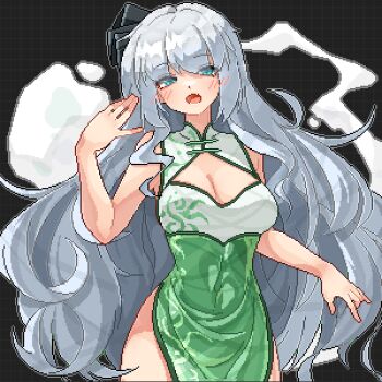 1girl alternate_costume alternate_hair_length alternate_hairstyle aqua_eyes black_background black_hairband blush breasts china_dress chinese_clothes cleavage commentary cowboy_shot dress eaglov fang ghost grey_hair hairband highres konpaku_youmu konpaku_youmu_(ghost) large_breasts long_hair looking_at_viewer open_mouth pixel_art skin_fang solo touhou very_long_hair