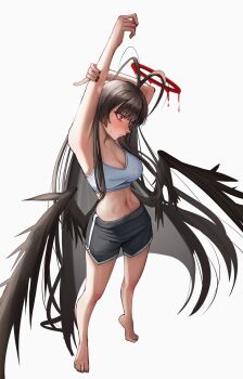 1girl absurdly_long_hair absurdres ahoge angel armpit_focus armpits barefoot black_hair black_nails black_wings blood blood_halo blue_archive blush dark_halo dripping feathered_wings full_body halo highres liquid_halo long_hair melting_halo no_dickey over_shoulder presenting_armpit red_eyes red_halo shorts simple_background sports_bra stretching taeman tsurugi_(blue_archive) very_long_hair white_background white_sports_bra wings