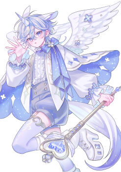 1boy absurdres blush boots cape center_frills commentary double-parted_bangs english_commentary feathered_wings foot_out_of_frame frills hair_between_eyes hand_up highres holding holding_staff long_sleeves looking_at_viewer male_focus open_mouth original purple_eyes purple_hair purple_shorts shirt short_hair shorts simple_background staff standing standing_on_one_leg suzaku_(zaku6584) thighhighs twitter_username unicorn_boy unicorn_horn white_background white_boots white_cape white_shirt white_thighhighs white_wings wings