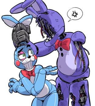 1boy 2boys android anger_vein angry animal animal_costume animal_ears animatronic annoyed blush_stickers bonnie_(fnaf) bow bowtie clenched_teeth damaged fake_animal_ears fake_tail five_nights_at_freddy's five_nights_at_freddy's_2 furry grabbing_another's_ear green_eyes grin hand_on_another's_ear humanoid_robot injury joints leaning_forward looking_at_another looking_to_the_side machine male_focus male_playboy_bunny mechanical_arms multiple_boys ochacon24 rabbit rabbit_boy rabbit_costume rabbit_ears rabbit_tail red_bow red_bowtie robot robot_joints simple_background smile speech_bubble spoken_anger_vein standing sweat sweatdrop tail teeth thick_eyebrows toy_bonnie veins white_background withered_bonnie